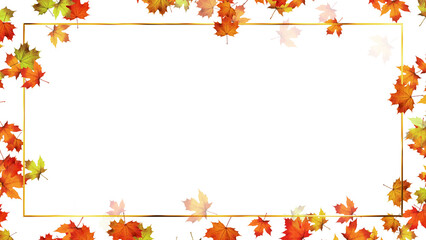 colorful autumn maple leaves and golden border frame on transparent background,png realistic leaf thanksgiving and Halloween social media design element	
