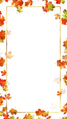 colorful autumn maple leaves and golden border frame on transparent background,png realistic leaf thanksgiving and Halloween vertical social media design element	