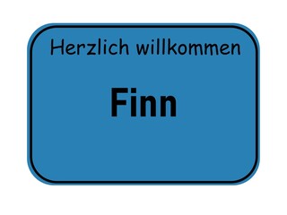 Welcome sign with the name Finn, German city entrance style, blue road sign template for greeting cards and graphic design projects