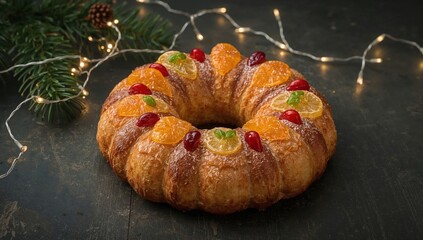Festive christmas rosca de reyes ring cake with glazed fruit, candied citrus, and holiday lights on rustic table