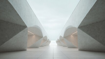 Long, narrow corridor with a high ceiling. the corridor is made up of multiple concrete walls that are arranged in a geometric pattern, creating a sense of depth and dimension.