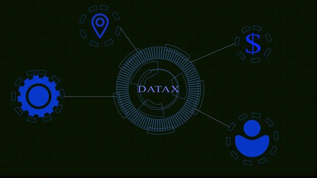 Digital Network Diagram with DAT in Center and Icons for Location Gear Money and Person abstract technology