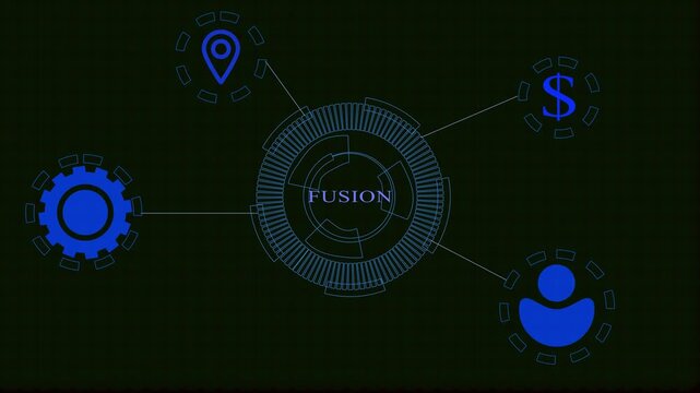 Digital Network Diagram with FUS in Center and Icons for Location Gear Money and Person abstract technology