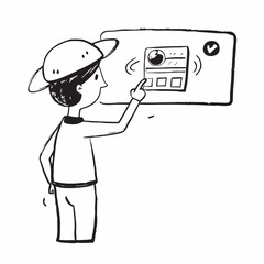 Person interacting with a digital interface silhouette