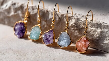 Five colorful raw crystal gemstone drop earrings are displayed against a light stone surface with natural sunlight.