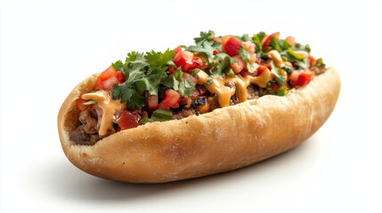 Hot dog isolated on a white background, photographed with full depth of field.
