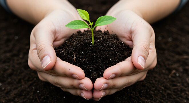 Hands holding dark soil with a small green seedling growing plant growth - Powered by Adobe
