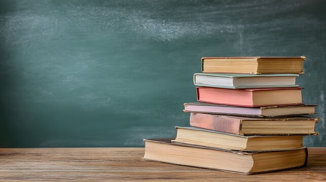 Stack of worn hardcover books rests upon a wooden surface before a dark green chalkboard