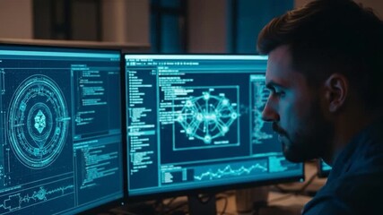 Young man engaged with multiple computer monitors displaying complex data and code in a modern technology setting - Powered by Adobe