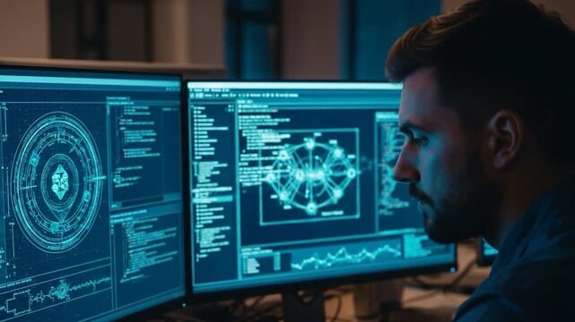 Young man engaged with multiple computer monitors displaying complex data and code in a modern technology setting