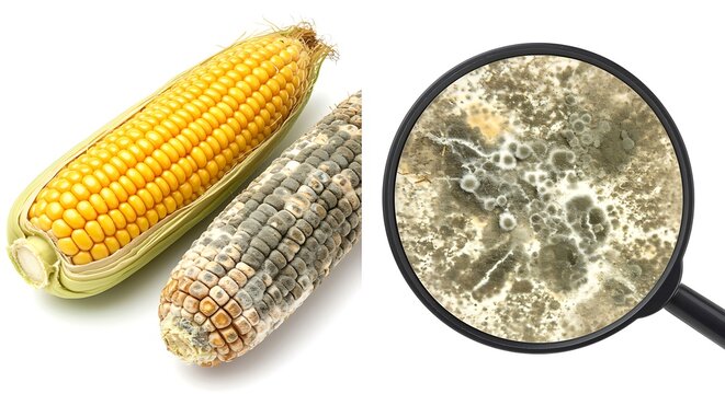 Corn Comparison: Fresh vs Moldy with Magnifying Glass food rotte