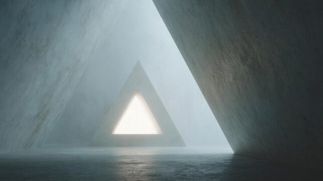 Empty room with a triangular shape in the center. the room appears to be made of concrete or concrete walls and floor, and the walls are painted in a light grey color.