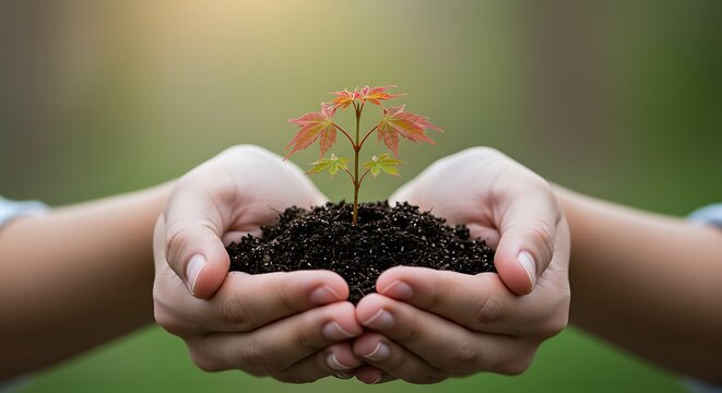 Hands holding young plant with red and green leaves in dark soil seedling sprout