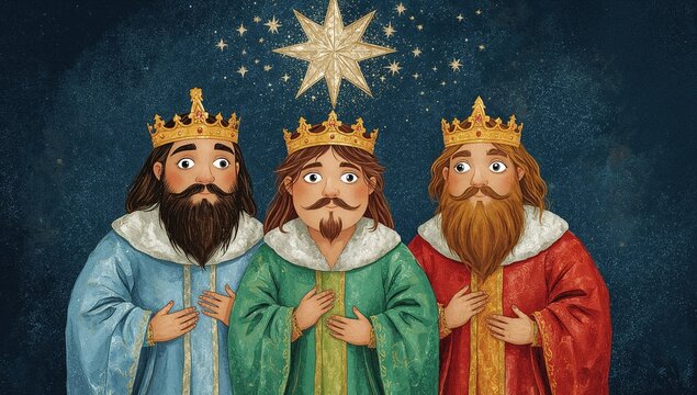 Three wise men kings under christmas star night sky tradition biblical nativity magi epiphany festive celebration holiday - Powered by Adobe