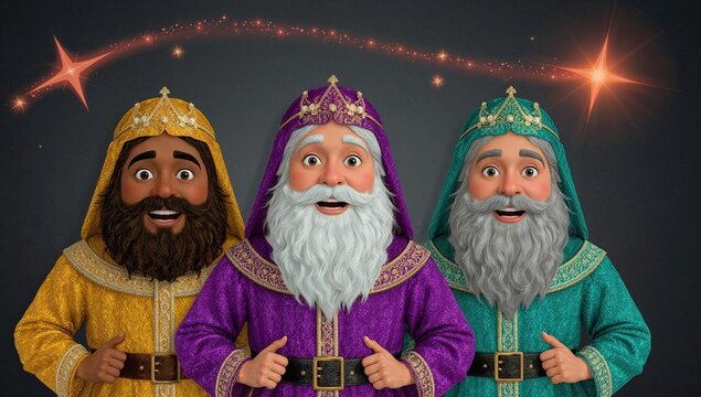 Three wise men in colorful robes under shooting star  festive epiphany kings for christmas and three kings day celebrations