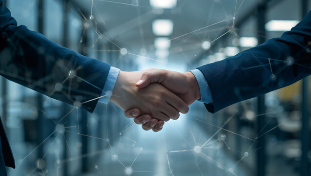 Business handshake with network overlay symbolizing connection and partnership - Powered by Adobe