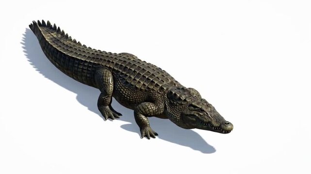 A hyper-realistic isometric 3D render of a crocodile walking slowly on a clean white seamless background. The crocodile&rsquo;s rough scaly texture, muscular tail, and detailed skin folds.