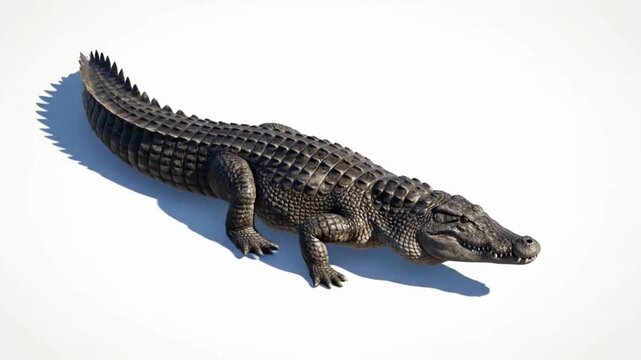 A hyper-realistic isometric 3D render of a crocodile walking slowly on a clean white seamless background. The crocodile&rsquo;s rough scaly texture, muscular tail, and detailed skin folds.