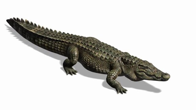 A hyper-realistic isometric 3D render of a crocodile walking slowly on a clean white seamless background. The crocodile&rsquo;s rough scaly texture, muscular tail, and detailed skin folds.