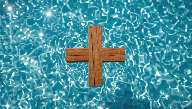 Wooden cross floating on vibrant blue water with sunlight reflections and gentle ripples, symbolizing faith and tranquility