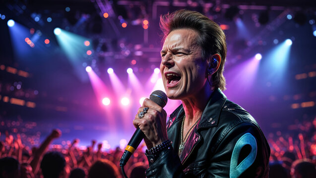 Energetic rock singer performing live on stage with a microphone and a crowd