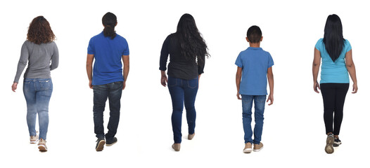 back view of a group of Latin American people walking on white background