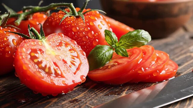 Tomatoes, fresh and halved, rest on a clean cutting board alongside a sharp knife and fragrant basil, perfectly capturing the concept of culinary expertise and wholesome ingredients for a.