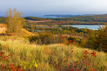 autumn landscape in Sleeping Bear Dunes looking toward Glen Lake and Pyramid Point