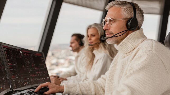 Team of professional air traffic controllers monitors multiple digital screens in a modern control tower, ensuring flight safety, communication, and precision in aviation management.