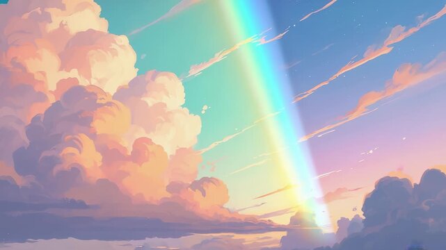 Dreamy Sky Landscape with Fluffy Clouds and a Vibrant Rainbow, Pastel Colors, Fantasy Illustration, Serene and Hopeful