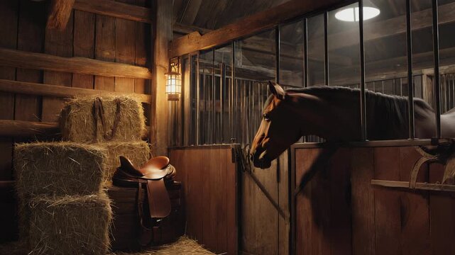 Horse in Stable with Saddle and Hay Bales: Rustic Interior Scene of Equine Life and Countryside Charm