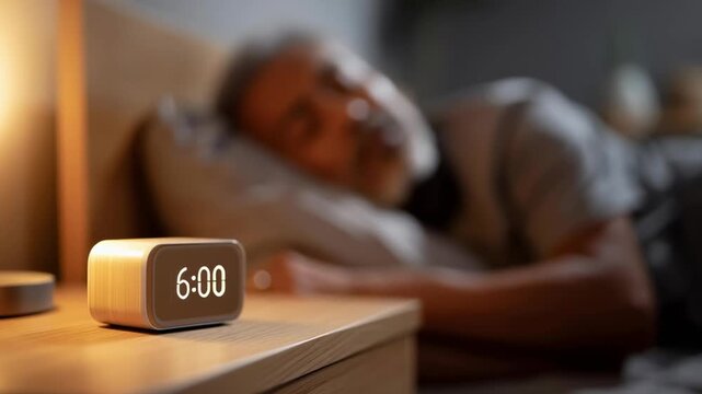 A man is sleeping with a clock on his nightstand that reads 6:00. Concept of relaxation and restfulness as the man is in a deep sleep. The clock serves as a reminder of the time
