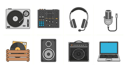 Illustration of dj equipment mixer turntable microphone headphones amplifier and laptop for music production