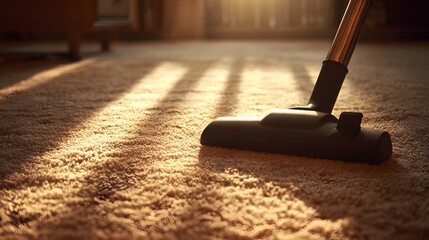 Upright appliance head cleans deep pile domestic carpeting illuminated by warm sunlight