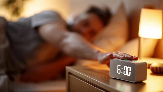 A man is sleeping with an alarm clock on his nightstand. The clock reads 6:00