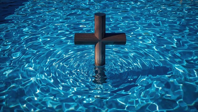 Wooden cross floating in rippling blue pool water with radiant sunlight reflections and spiritual symbolism