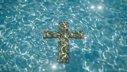 Golden cross floating on clear blue water surface with sunlight reflections and religious symbolism