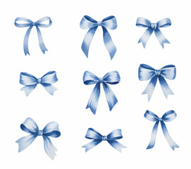 Watercolor hand painted blue ribbon bow collection. Soft pastel watercolor blue bows for design and craft. © Songrami