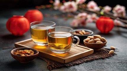 Festive Chinese New Year still life with hot tea and snacks. Traditional Asian celebration with red lanterns and blossoms on a dark background