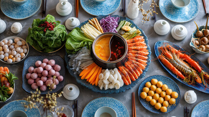 Top view of a traditional Asian hot pot meal with fresh ingredients. A shabu-shabu feast with seafood, vegetables, and spicy broth. Flat lay food photography composition