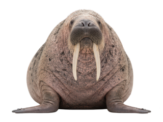 Isolated walrus portrait on white background, front view, showing tusks, textured skin, marine wildlife, neutral expression, full body, studio shot