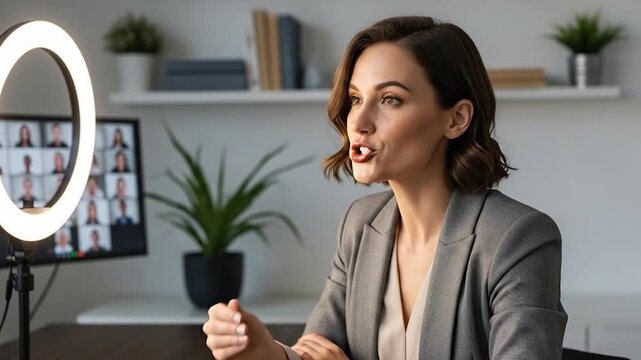 Young professional woman engaging in virtual video conference call with ring light setup in a modern workspace