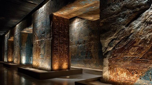 Ancient Egyptian Tomb Interior with Hieroglyphs and Carvings, Illuminated by Soft Lighting, Archaeological Site, Historical Architecture