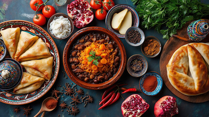 Top view of a traditional food assortment from Central Asian cuisine. Festive dinner with plov, samsa, fresh pomegranate, and spices on a dark table