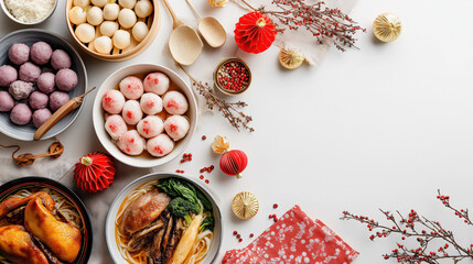Festive Chinese New Year food background with tangyuan and noodle soup. Traditional Asian cuisine for the holiday celebration. Top view flat lay with copy space