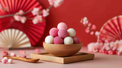 Traditional Chinese tangyuan dessert in a wooden bowl. Sweet glutinous rice balls for the Lantern Festival or Chinese New Year celebration on a festive red background