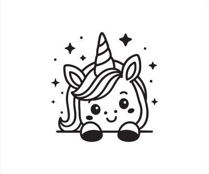 Cute Unicorn Head Vector Illustration &ndash; Kawaii Fantasy Line Art Design