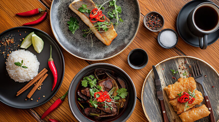 A gourmet spread of spicy Asian cuisine from a top-down perspective. A complete meal with fish, stew, rice, and appetizers on a wooden table