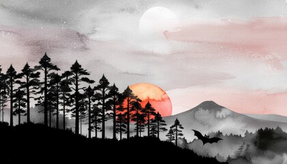 Minimalist Black Sunset with Flying Bat – Elegant Halloween Landscape