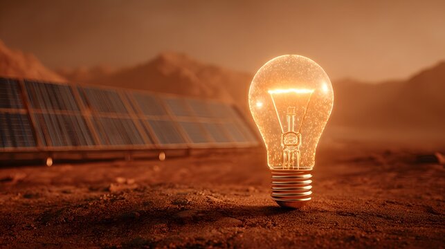 Glowing illumination device stands on arid terrain near solar energy collection panels